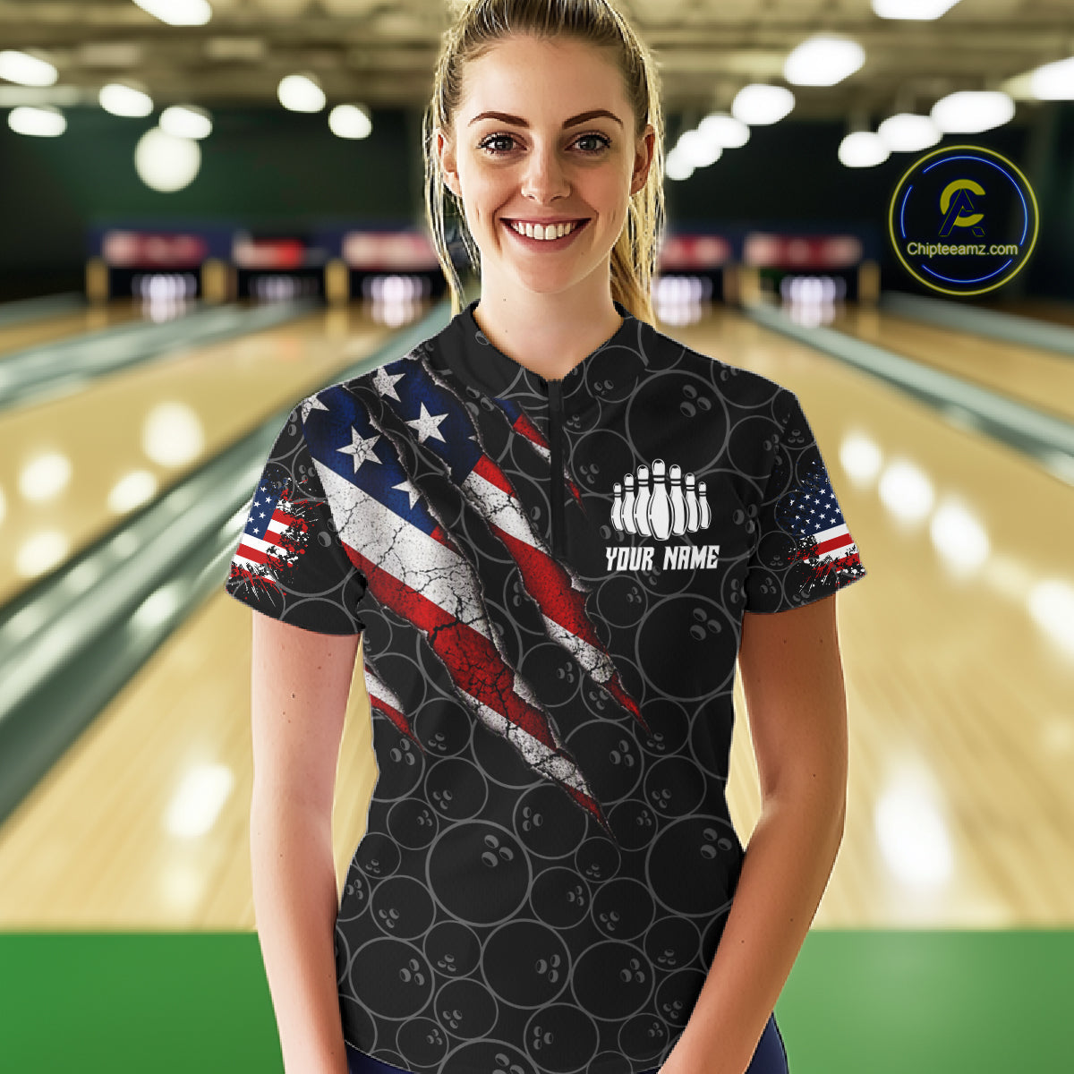 Custom Black Grunge American Flag Bowling Shirt, Patriotic Bowling League Team Jersey