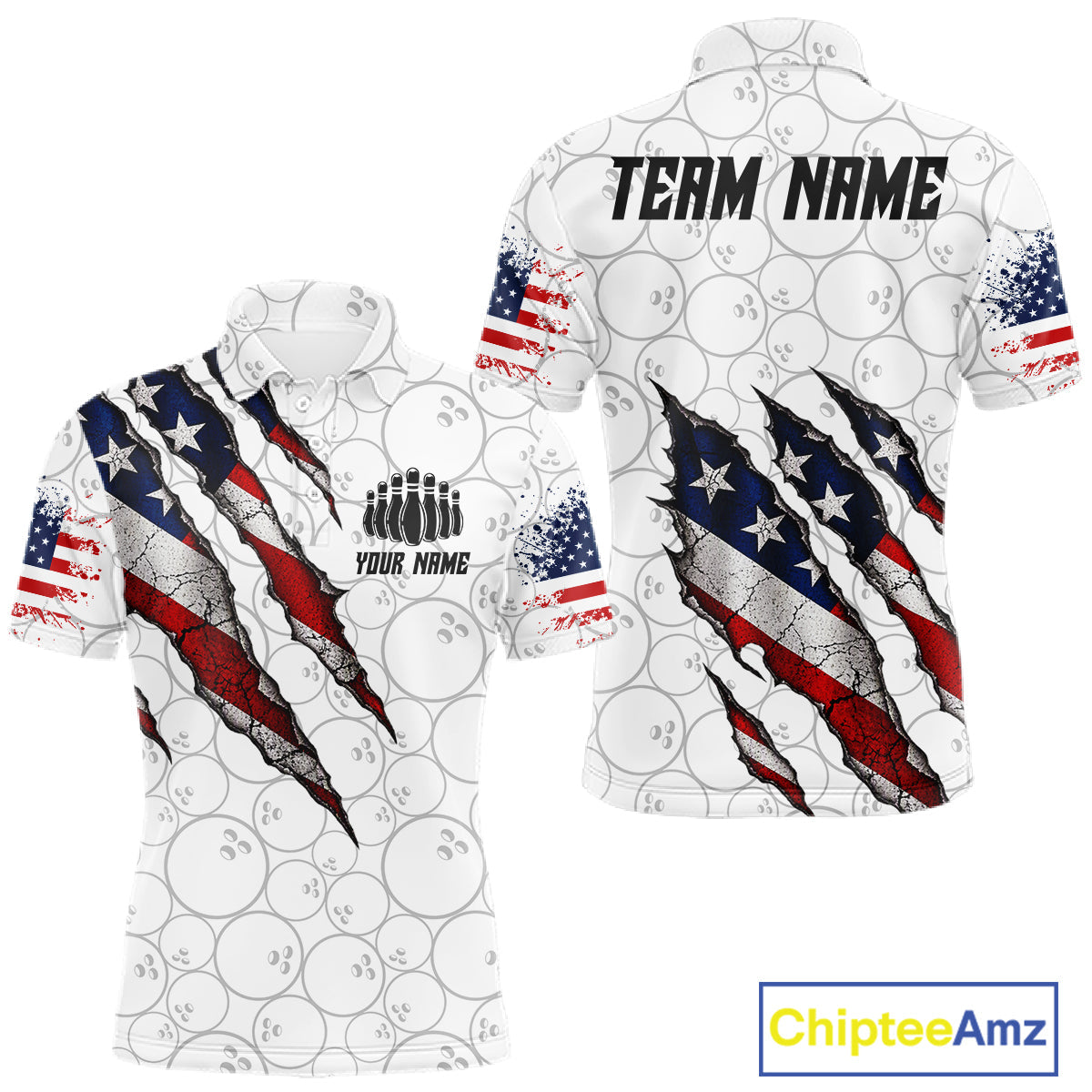 Custom White Grunge American Flag Bowling Shirt, Patriotic Bowling League Team Jersey