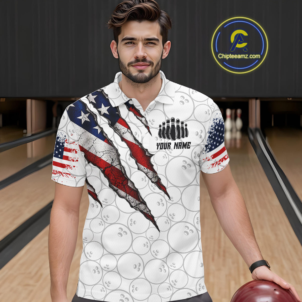 Custom White Grunge American Flag Bowling Shirt, Patriotic Bowling League Team Jersey