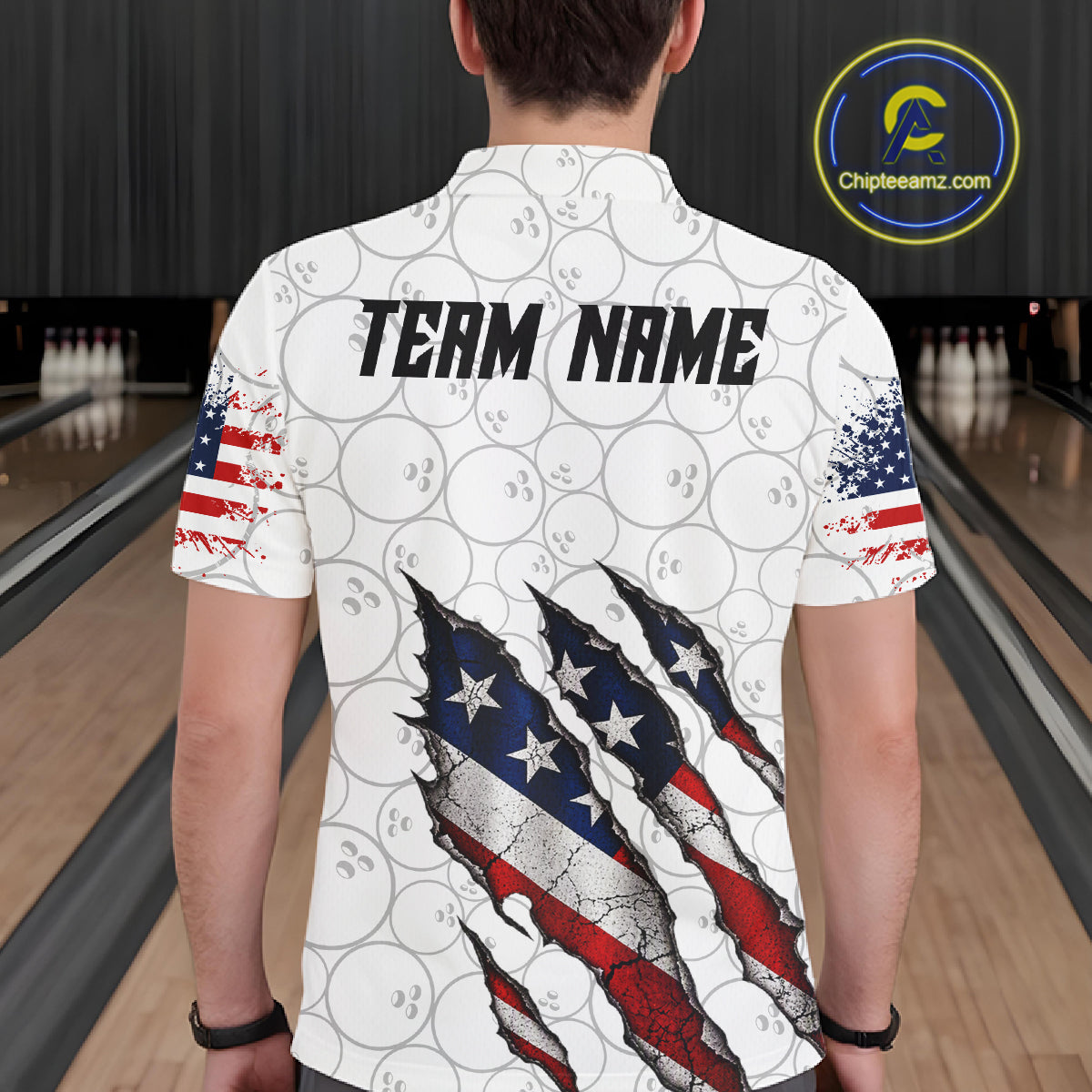 Custom White Grunge American Flag Bowling Shirt, Patriotic Bowling League Team Jersey
