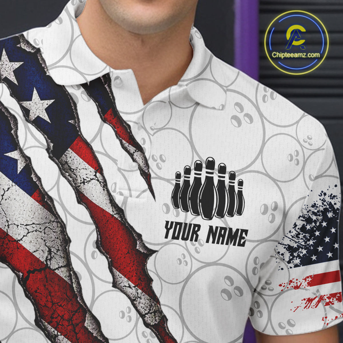 Custom White Grunge American Flag Bowling Shirt, Patriotic Bowling League Team Jersey