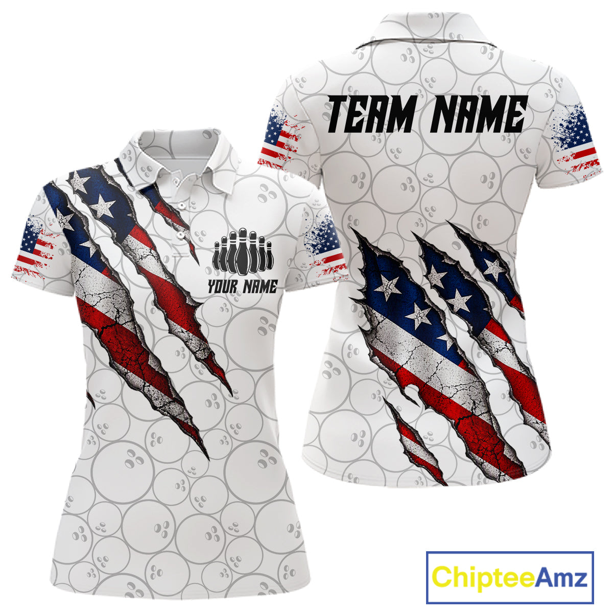 Custom White Grunge American Flag Bowling Shirt, Patriotic Bowling League Team Jersey