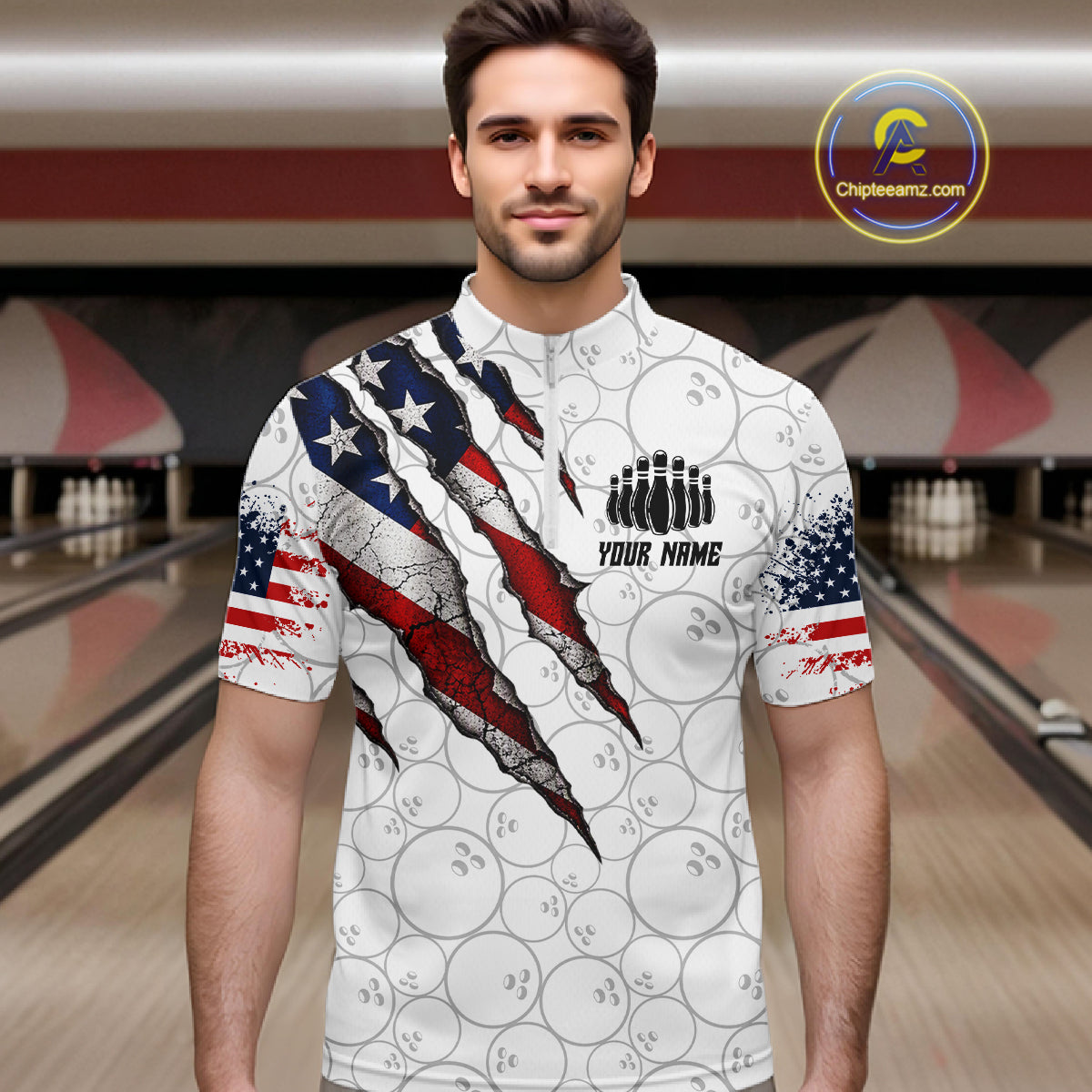 Custom White Grunge American Flag Bowling Shirt, Patriotic Bowling League Team Jersey