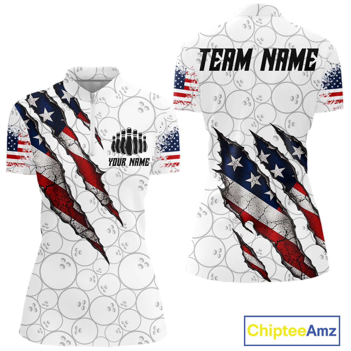 Custom White Grunge American Flag Bowling Shirt, Patriotic Bowling League Team Jersey
