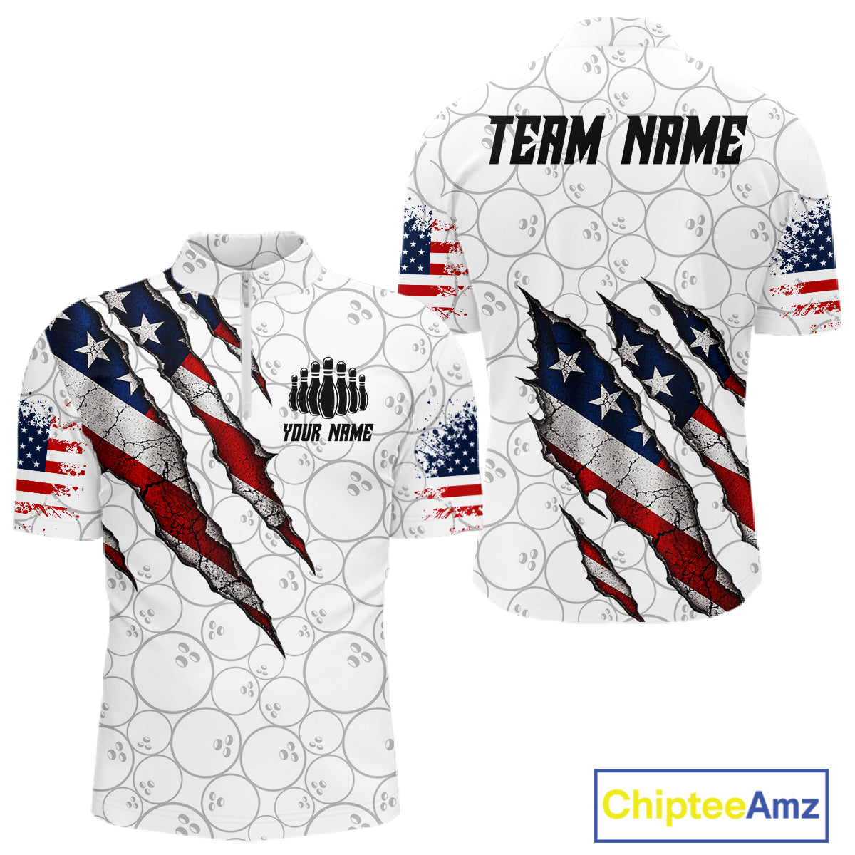 Custom White Grunge American Flag Bowling Shirt, Patriotic Bowling League Team Jersey