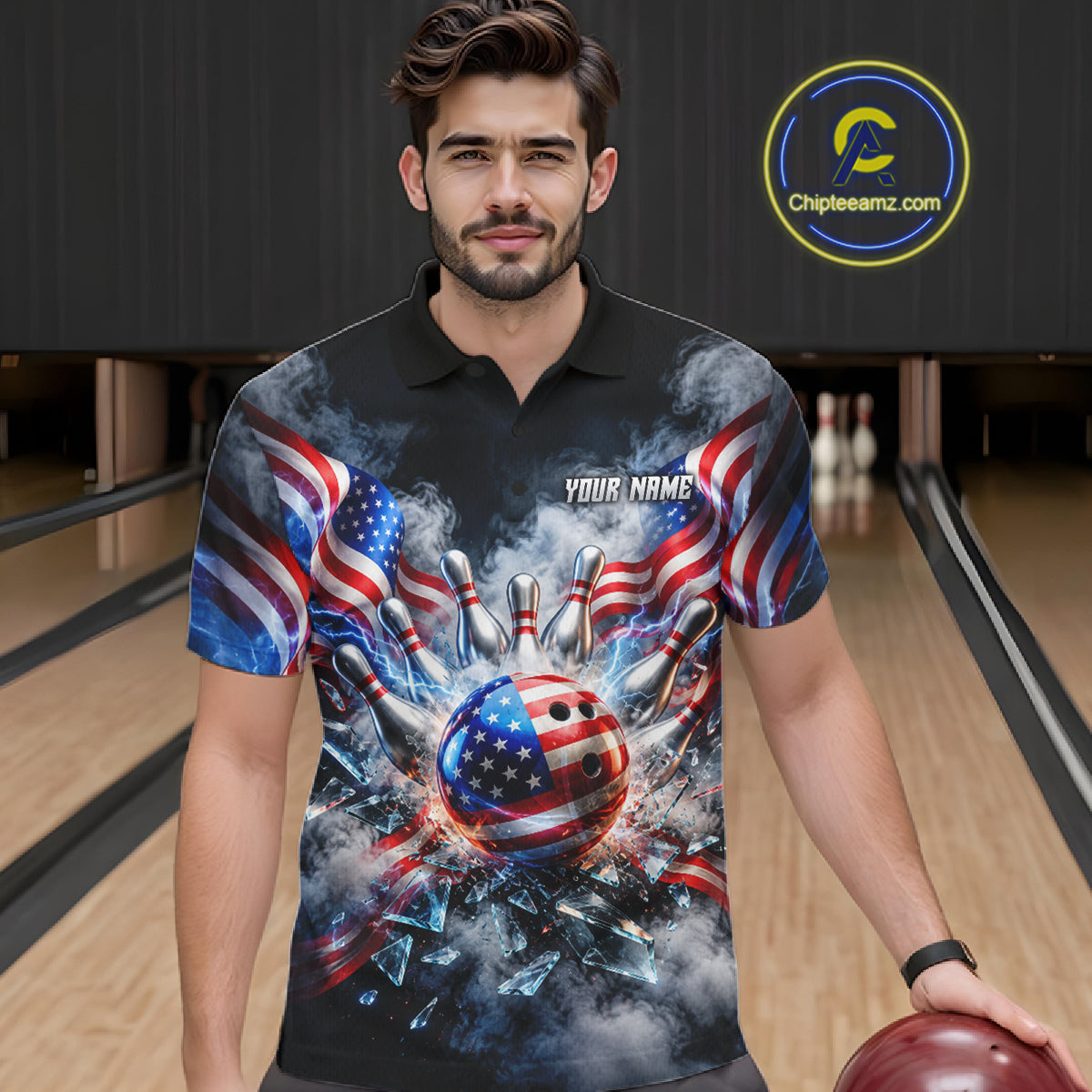 Custom Shattered Glass American Flag Smoke Bowling Shirts, Patriotic Bowling Team Jersey