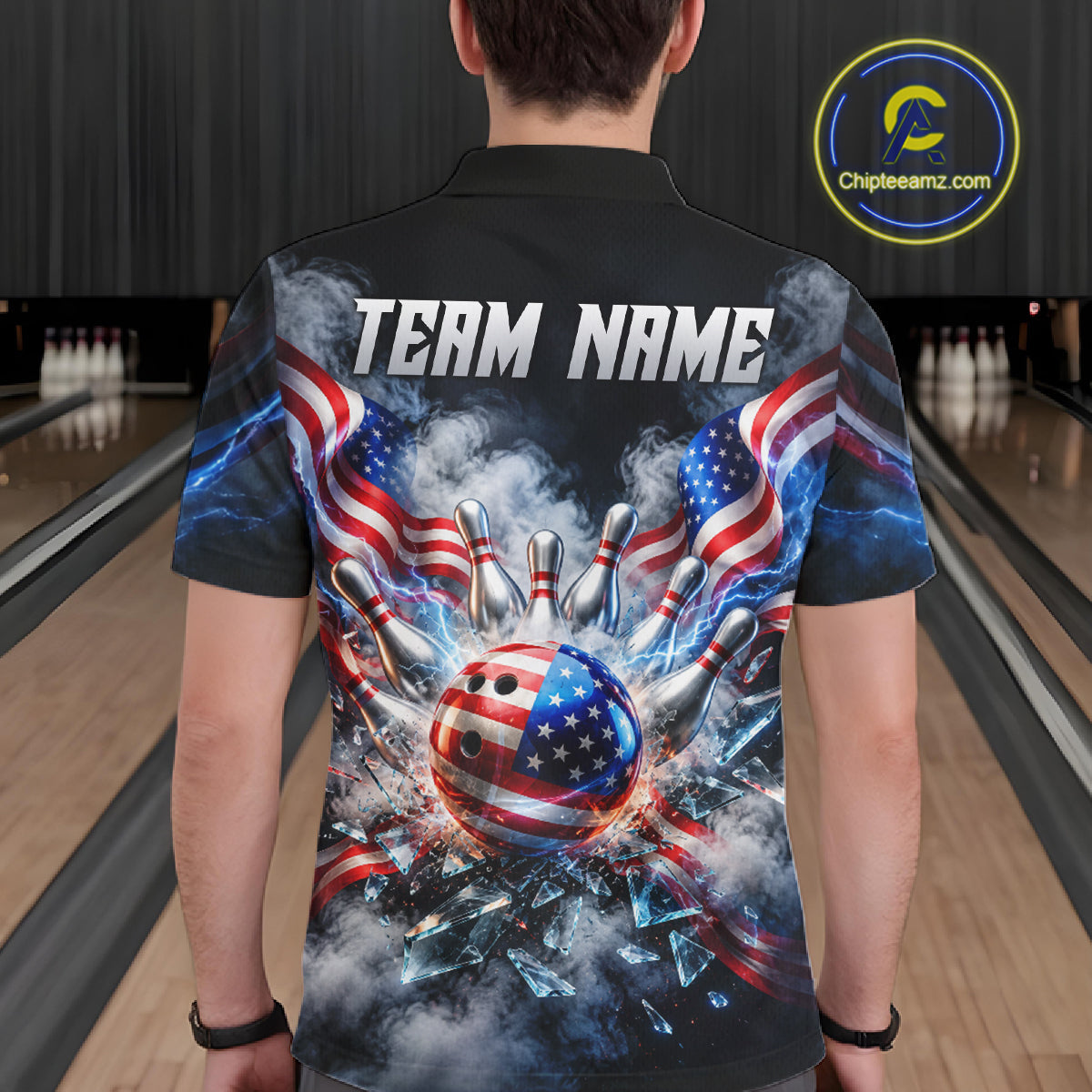 Custom Shattered Glass American Flag Smoke Bowling Shirts, Patriotic Bowling Team Jersey