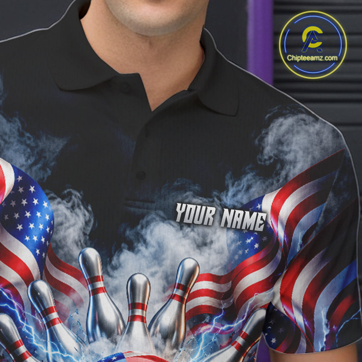 Custom Shattered Glass American Flag Smoke Bowling Shirts, Patriotic Bowling Team Jersey