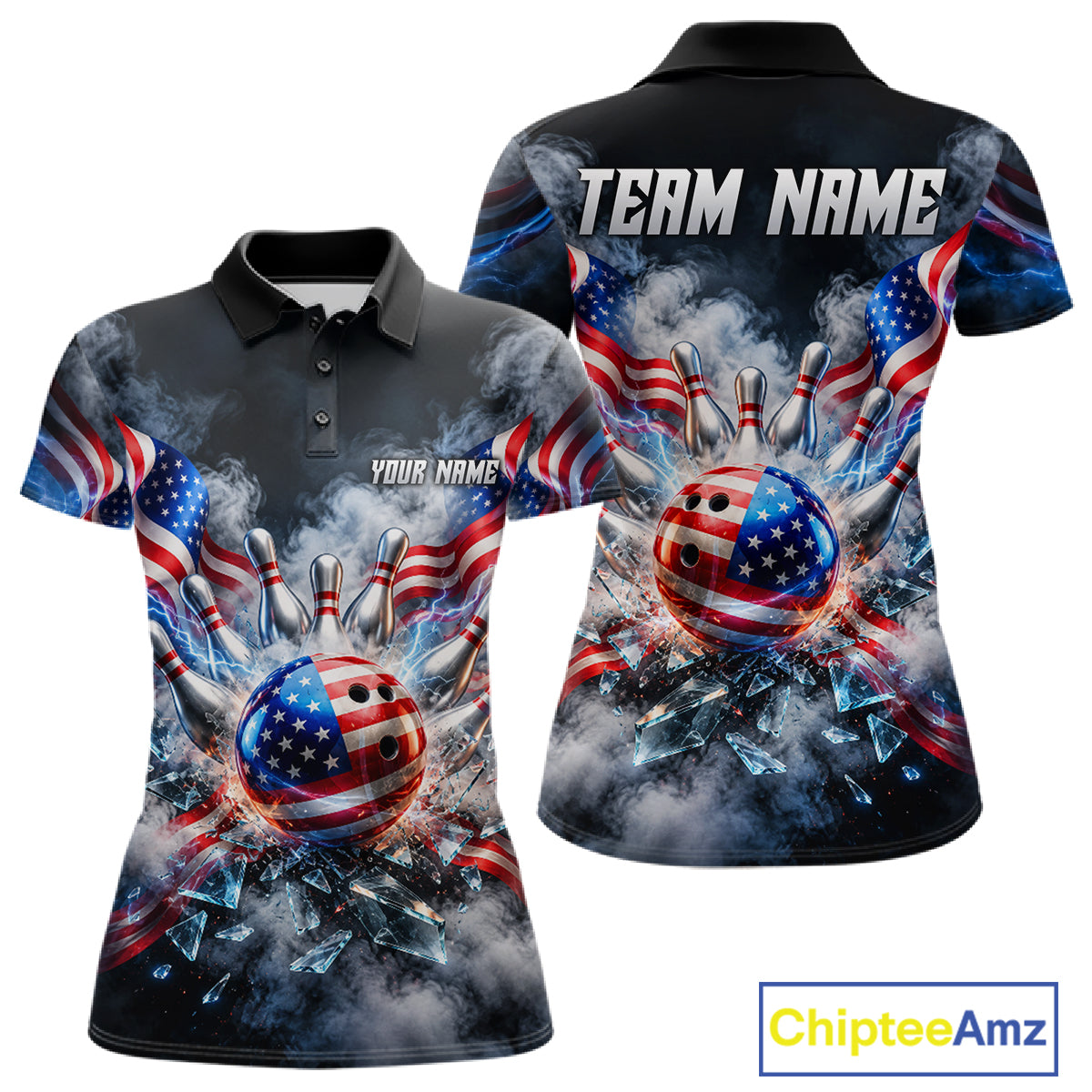 Custom Shattered Glass American Flag Smoke Bowling Shirts, Patriotic Bowling Team Jersey