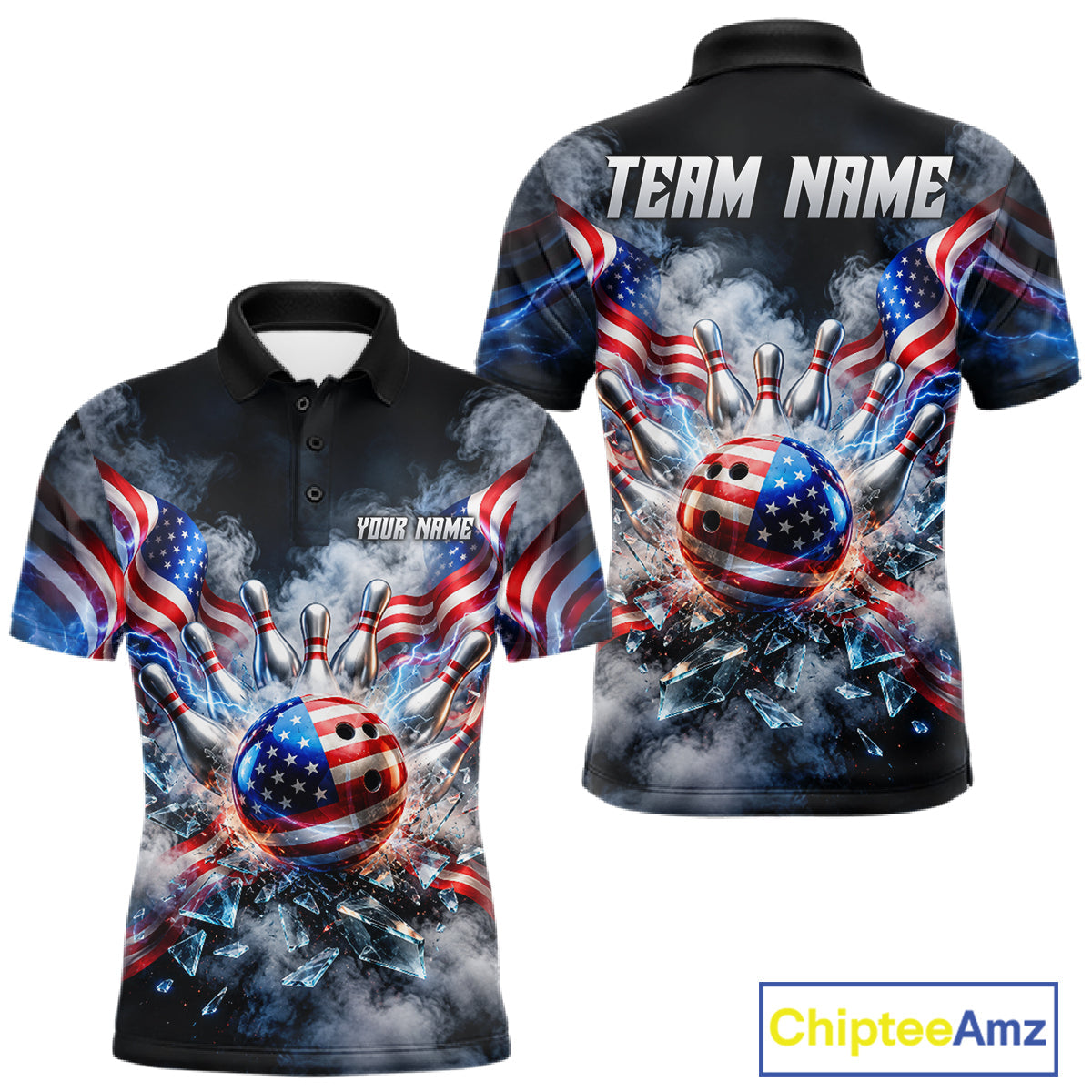 Custom Shattered Glass American Flag Smoke Bowling Shirts, Patriotic Bowling Team Jersey