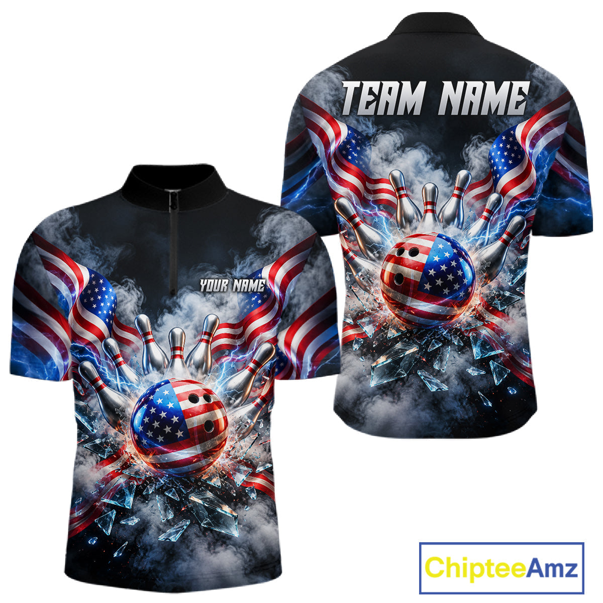 Custom Shattered Glass American Flag Smoke Bowling Shirts, Patriotic Bowling Team Jersey