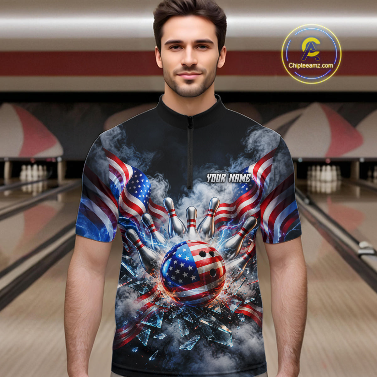 Custom Shattered Glass American Flag Smoke Bowling Shirts, Patriotic Bowling Team Jersey