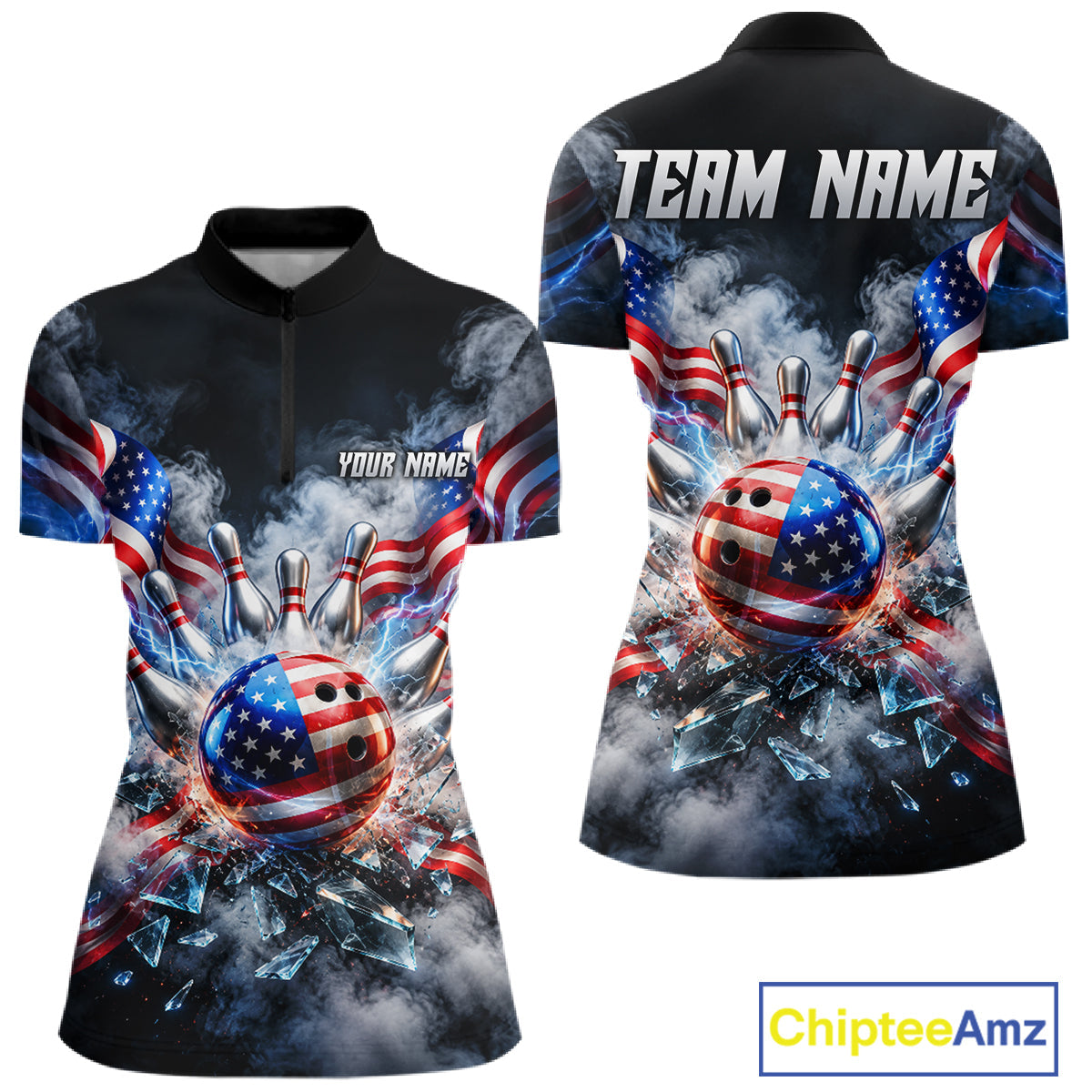 Custom Shattered Glass American Flag Smoke Bowling Shirts, Patriotic Bowling Team Jersey