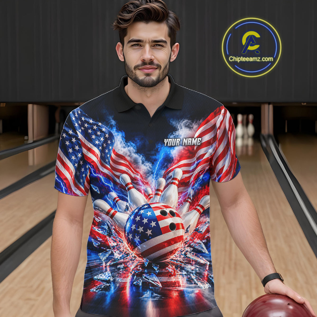 Custom Shattered Glass Smoke American Flag Bowling Jersey, Patriotic Bowling Team Shirts