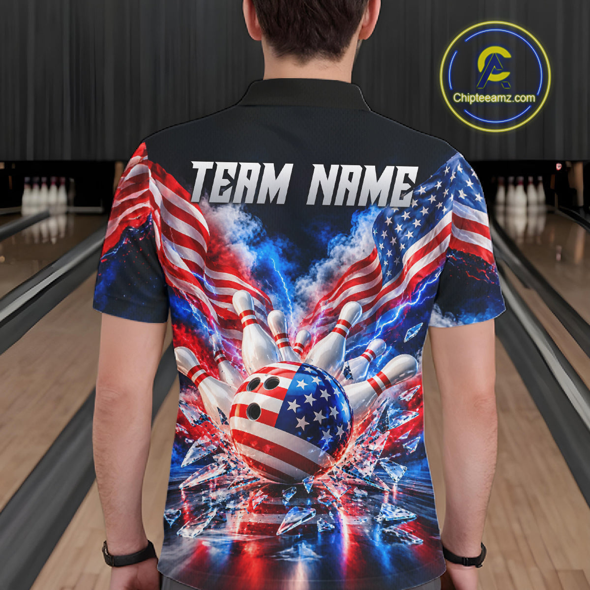 Custom Shattered Glass Smoke American Flag Bowling Jersey, Patriotic Bowling Team Shirts