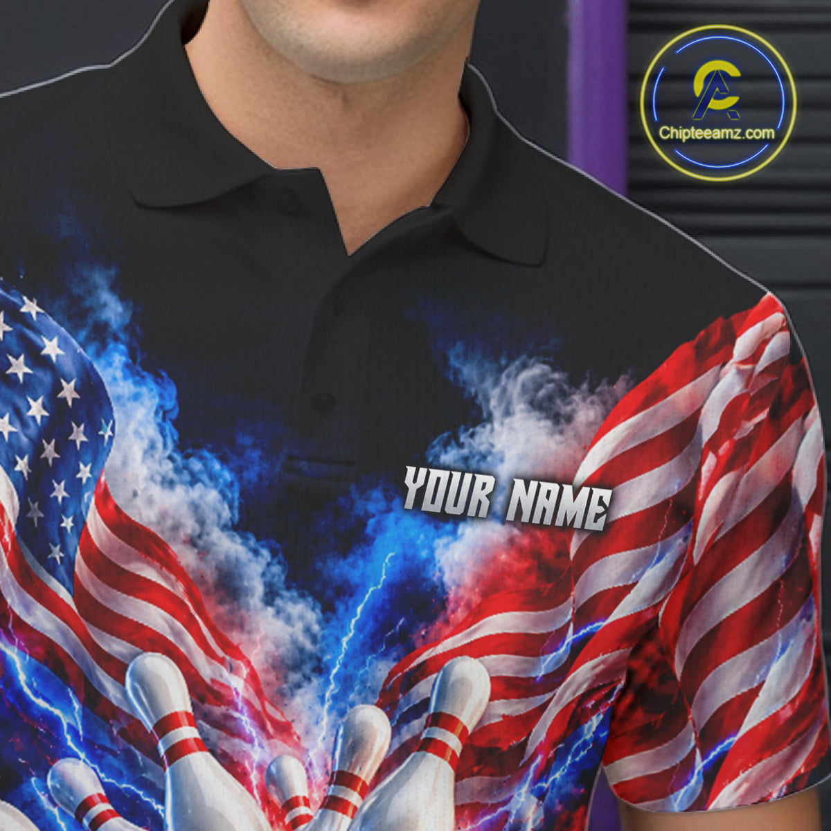 Custom Shattered Glass Smoke American Flag Bowling Jersey, Patriotic Bowling Team Shirts