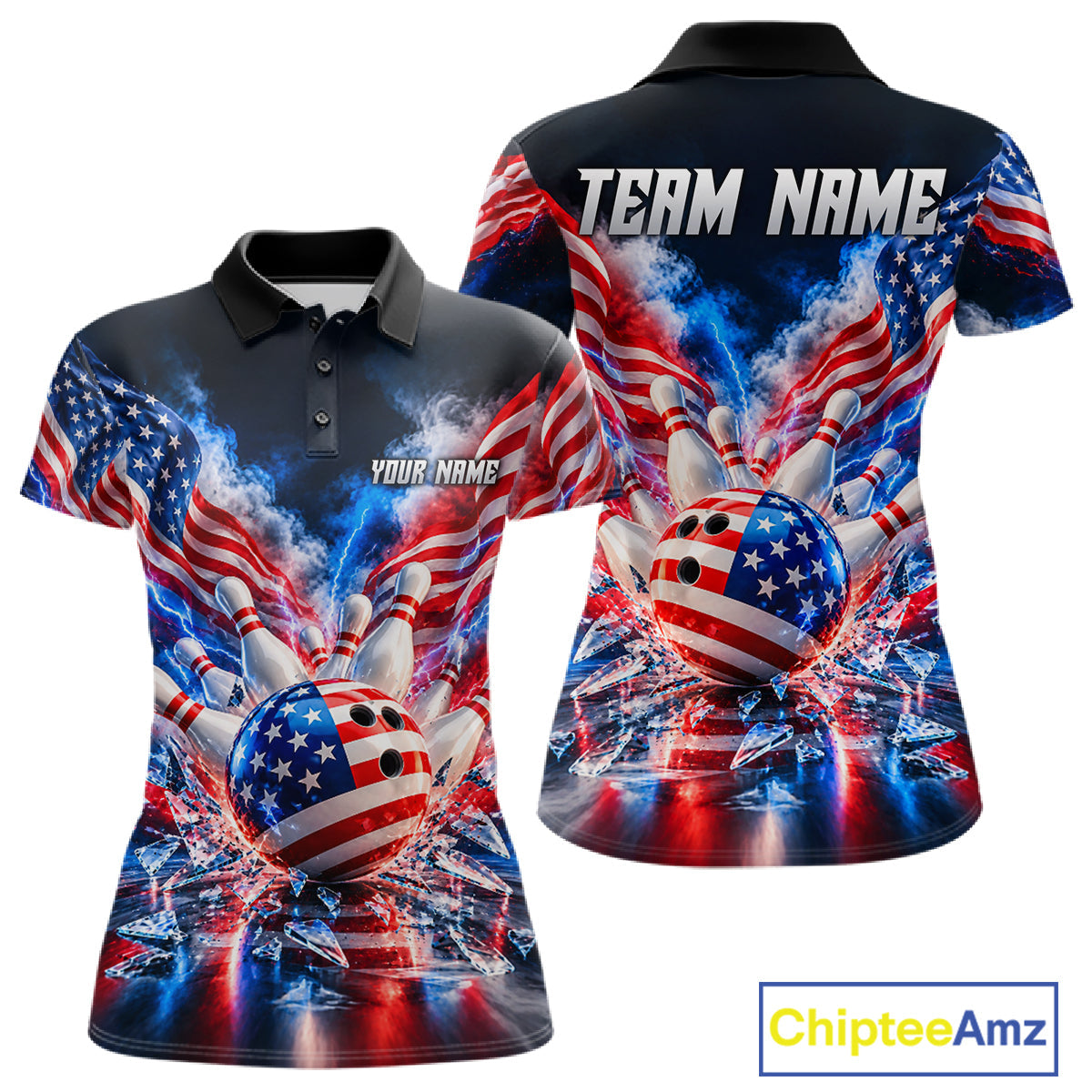 Custom Shattered Glass Smoke American Flag Bowling Jersey, Patriotic Bowling Team Shirts