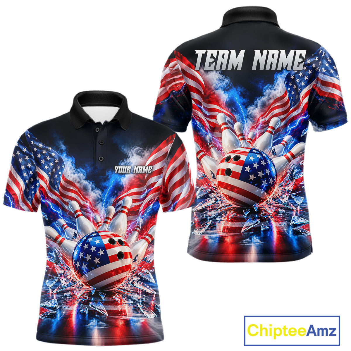 Custom Shattered Glass Smoke American Flag Bowling Jersey, Patriotic Bowling Team Shirts