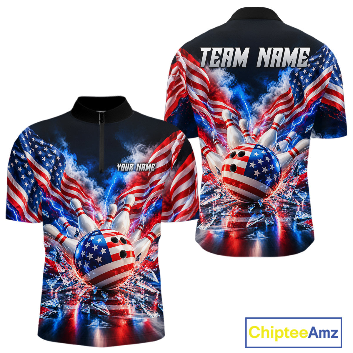 Custom Shattered Glass Smoke American Flag Bowling Jersey, Patriotic Bowling Team Shirts