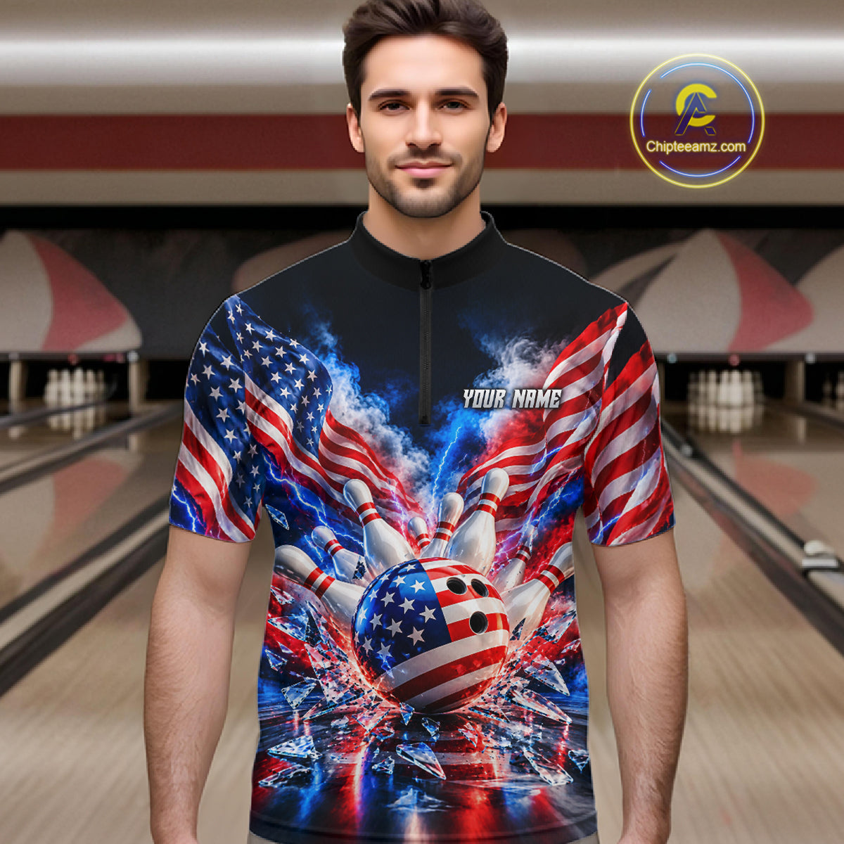 Custom Shattered Glass Smoke American Flag Bowling Jersey, Patriotic Bowling Team Shirts