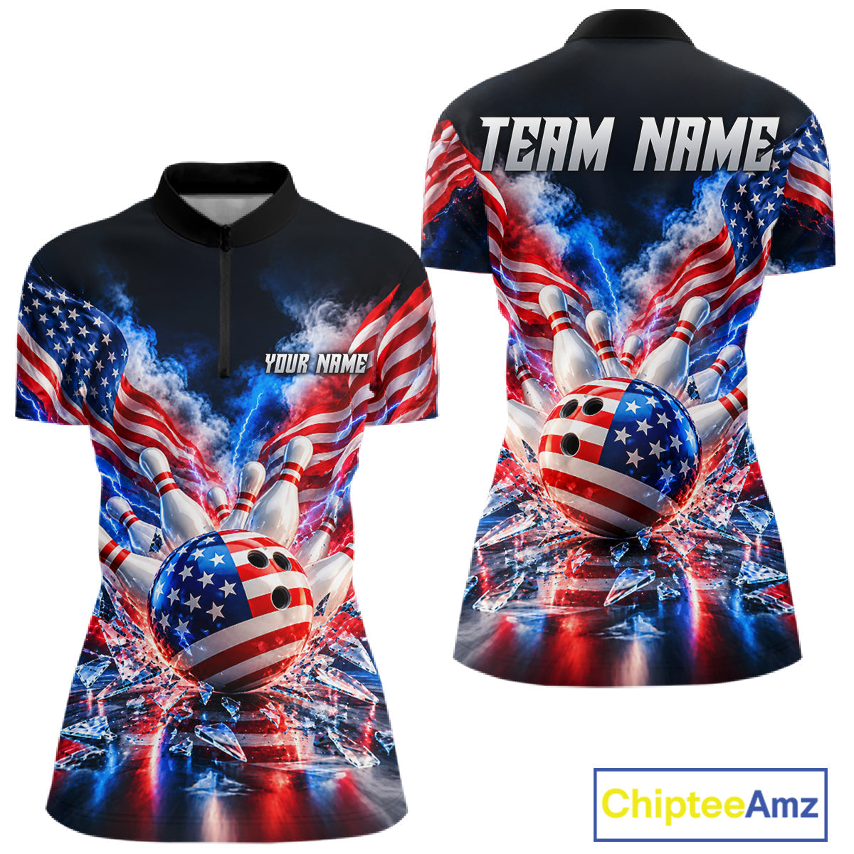 Custom Shattered Glass Smoke American Flag Bowling Jersey, Patriotic Bowling Team Shirts