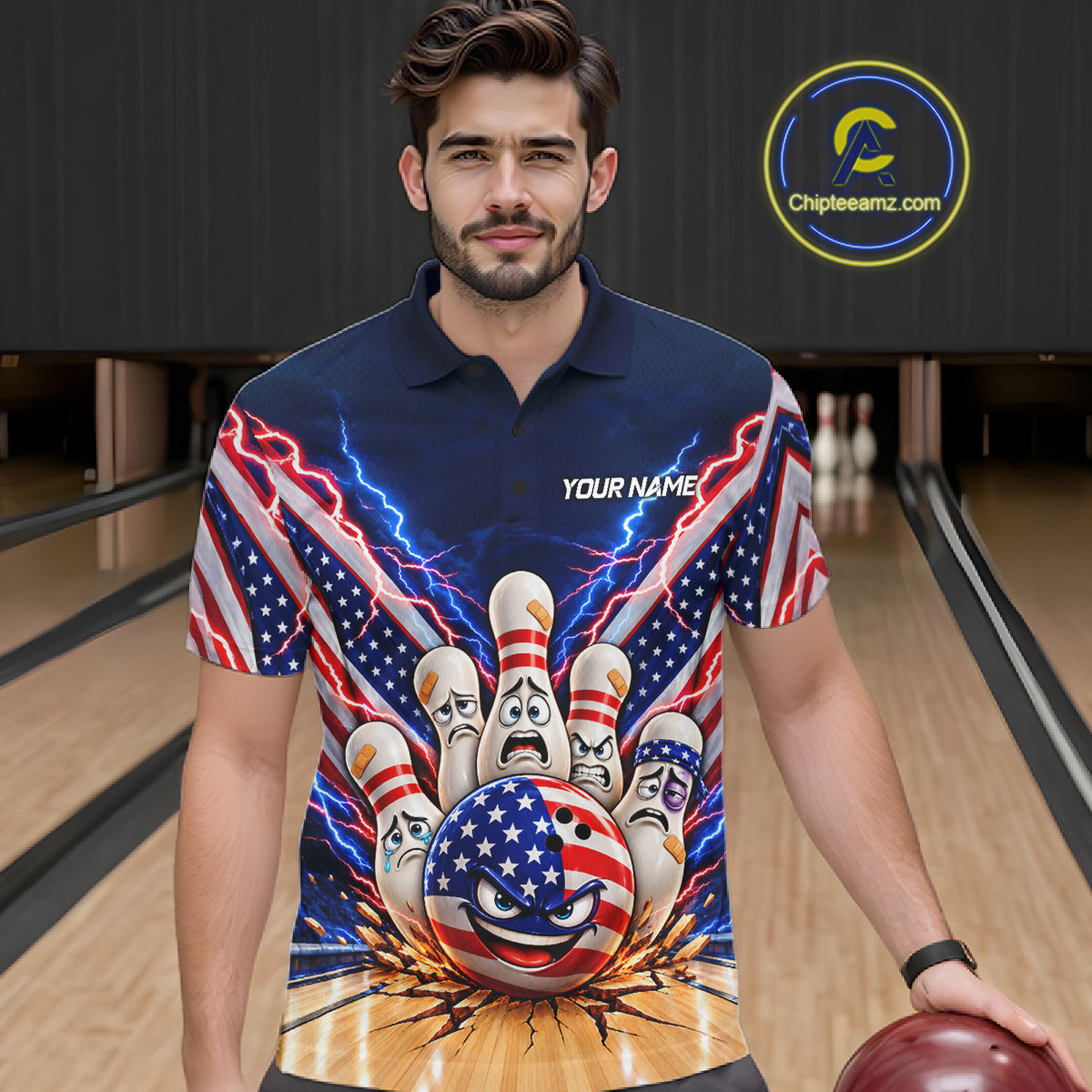 Funny Bowling Pins American Flag Lightning Bowling Shirts Custom Patriotic Bowling Jersey