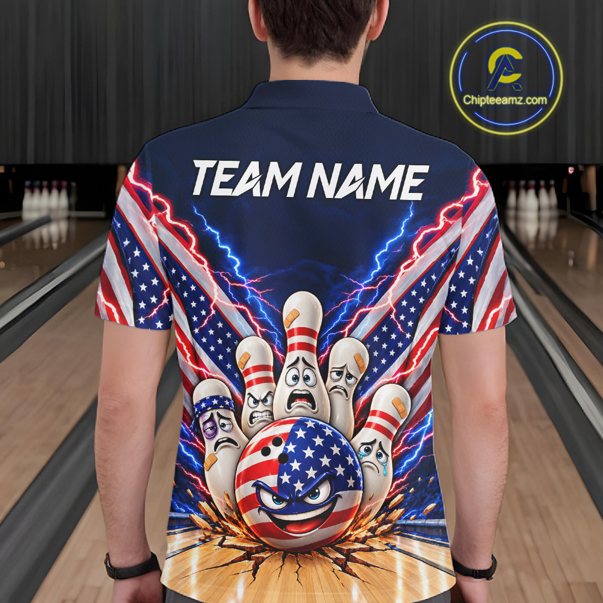 Funny Bowling Pins American Flag Lightning Bowling Shirts Custom Patriotic Bowling Jersey