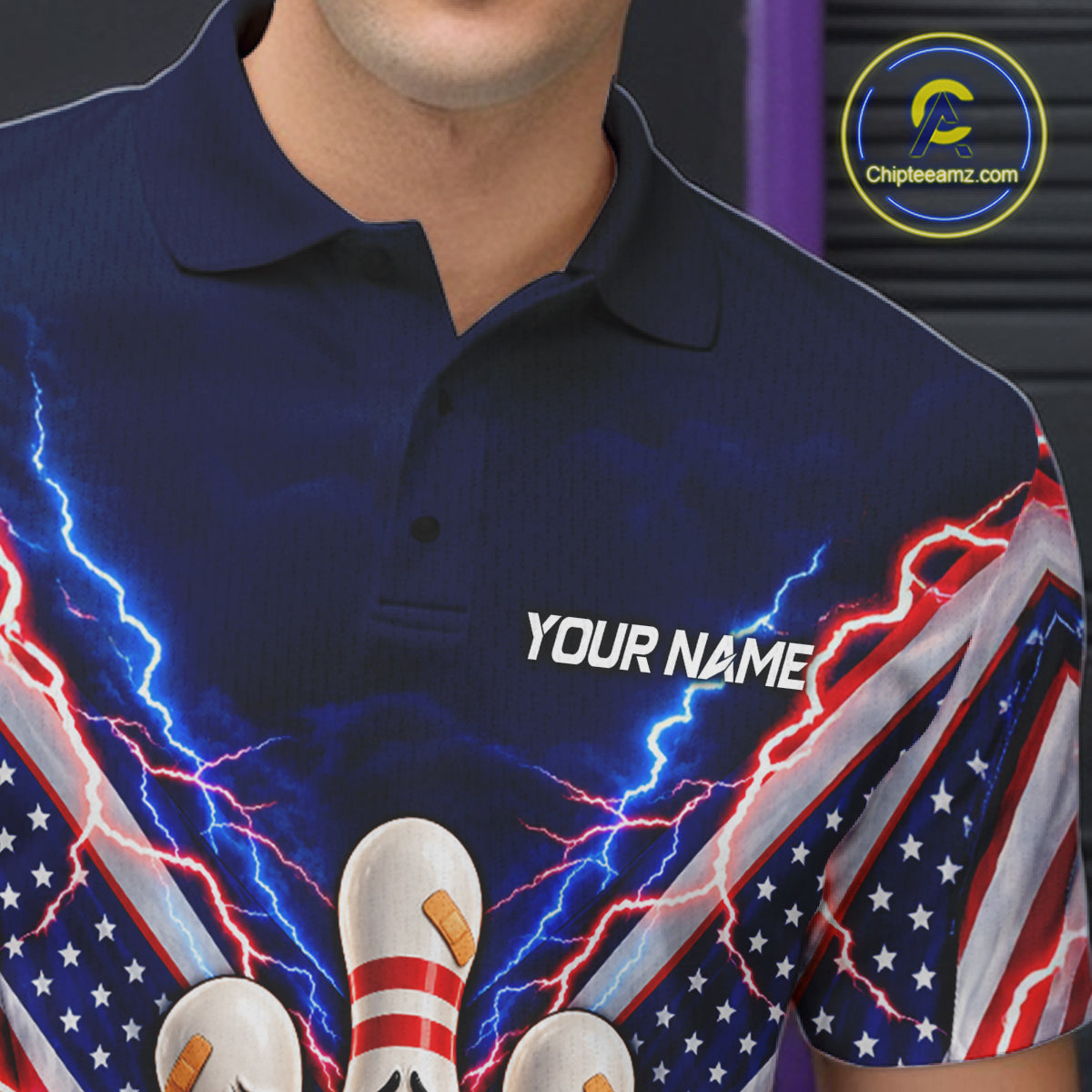 Funny Bowling Pins American Flag Lightning Bowling Shirts Custom Patriotic Bowling Jersey