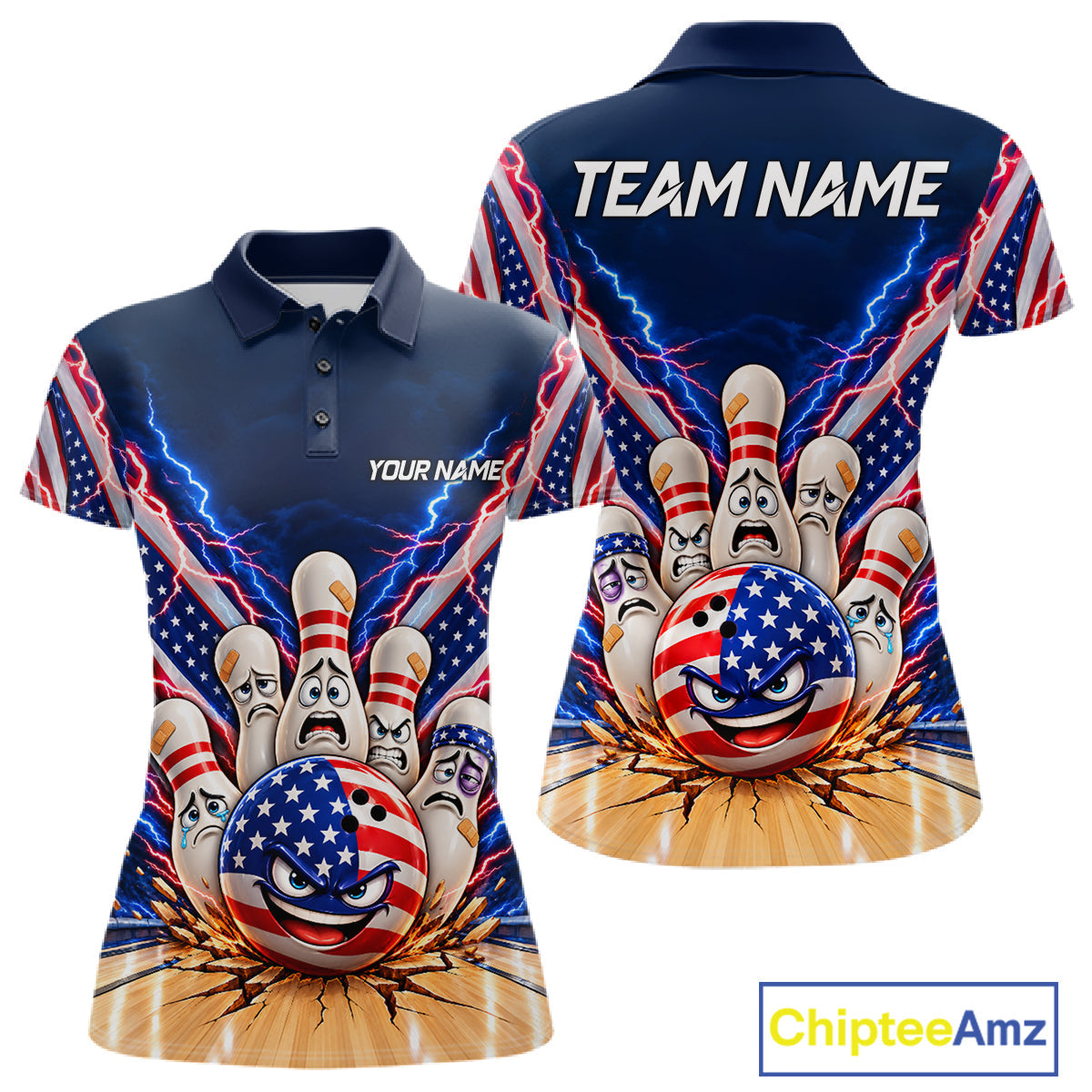 Funny Bowling Pins American Flag Lightning Bowling Shirts Custom Patriotic Bowling Jersey