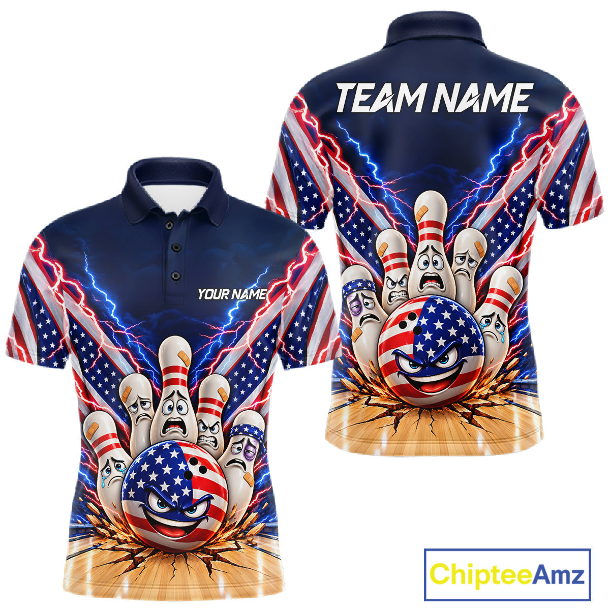 Funny Bowling Pins American Flag Lightning Bowling Shirts Custom Patriotic Bowling Jersey
