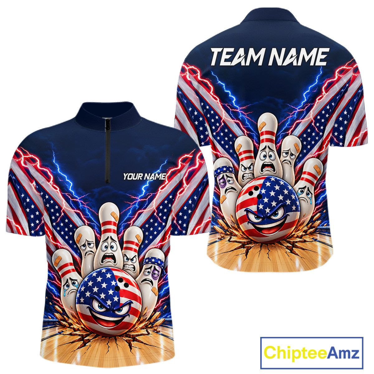 Funny Bowling Pins American Flag Lightning Bowling Shirts Custom Patriotic Bowling Jersey