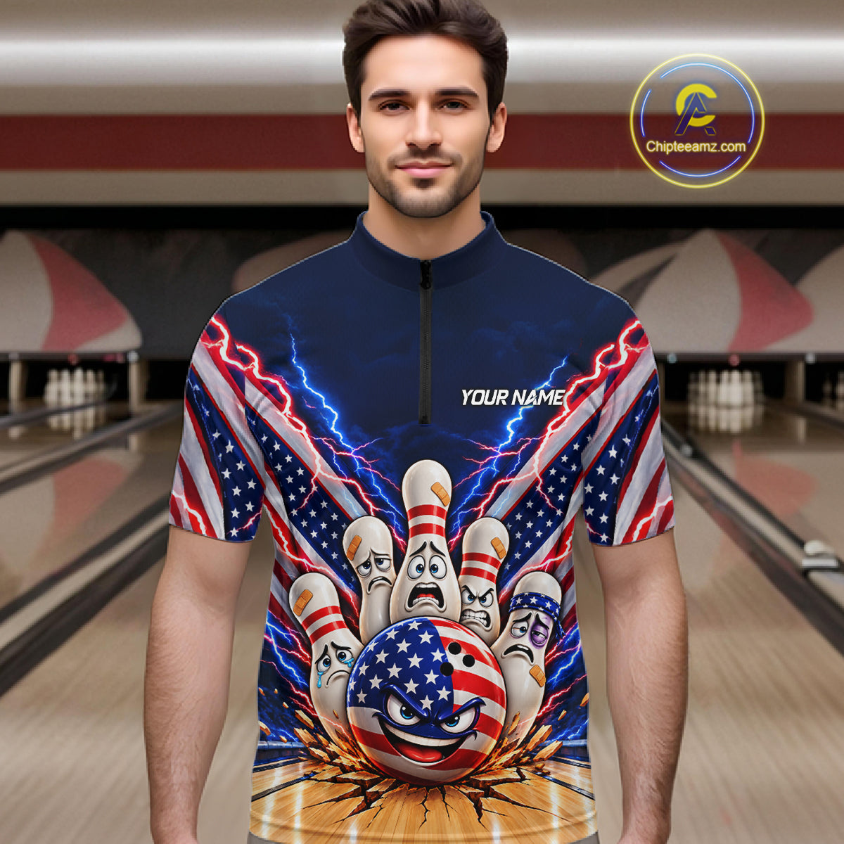 Funny Bowling Pins American Flag Lightning Bowling Shirts Custom Patriotic Bowling Jersey