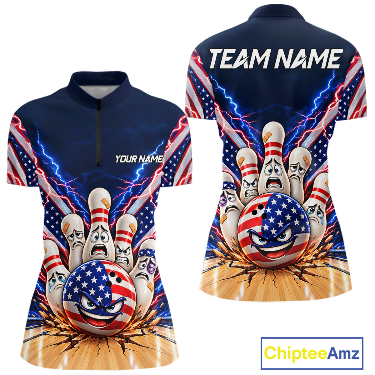 Funny Bowling Pins American Flag Lightning Bowling Shirts Custom Patriotic Bowling Jersey
