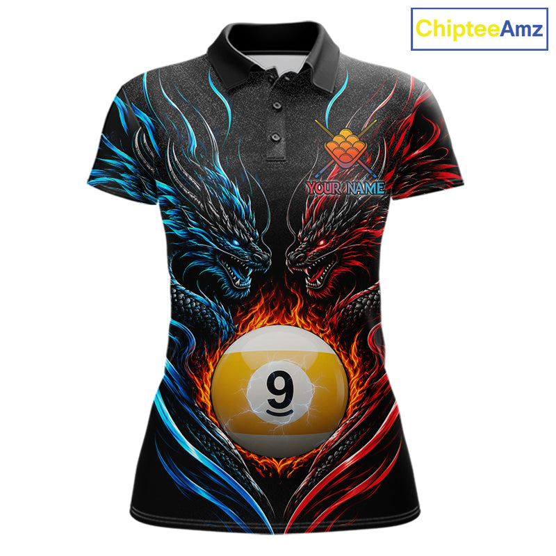 Blue And Red Custom Dragon 9 Ball Fire Billiard Shirts, Pool Team Jersey Polo & 1/4 Zip