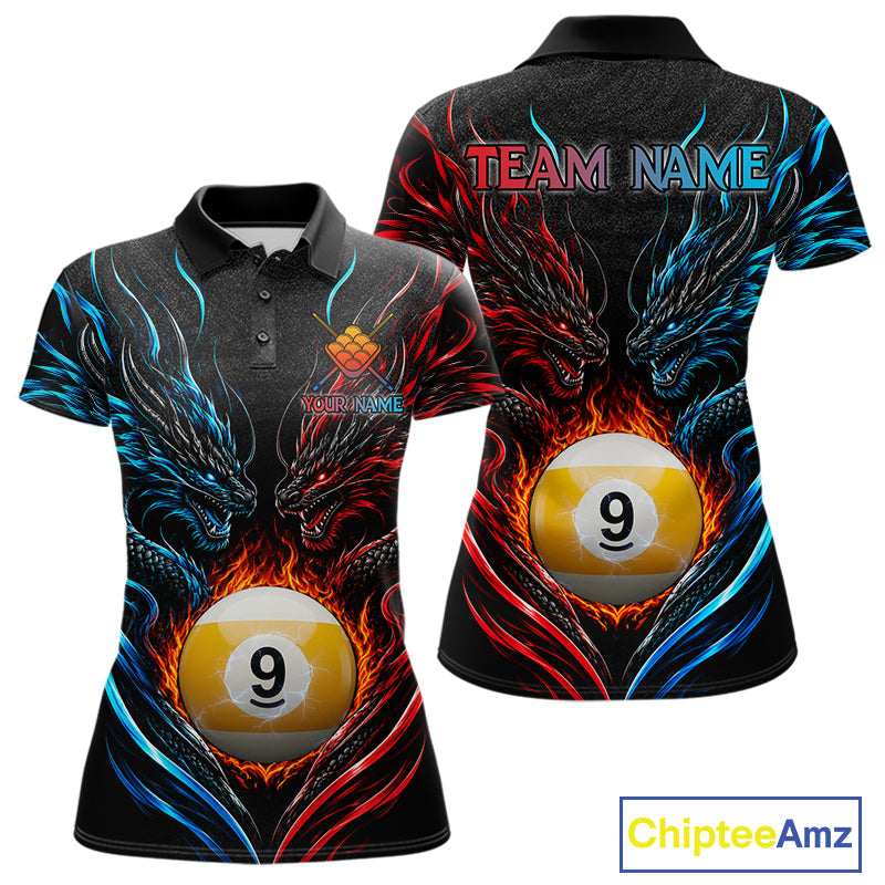 Blue And Red Custom Dragon 9 Ball Fire Billiard Shirts, Pool Team Jersey Polo & 1/4 Zip