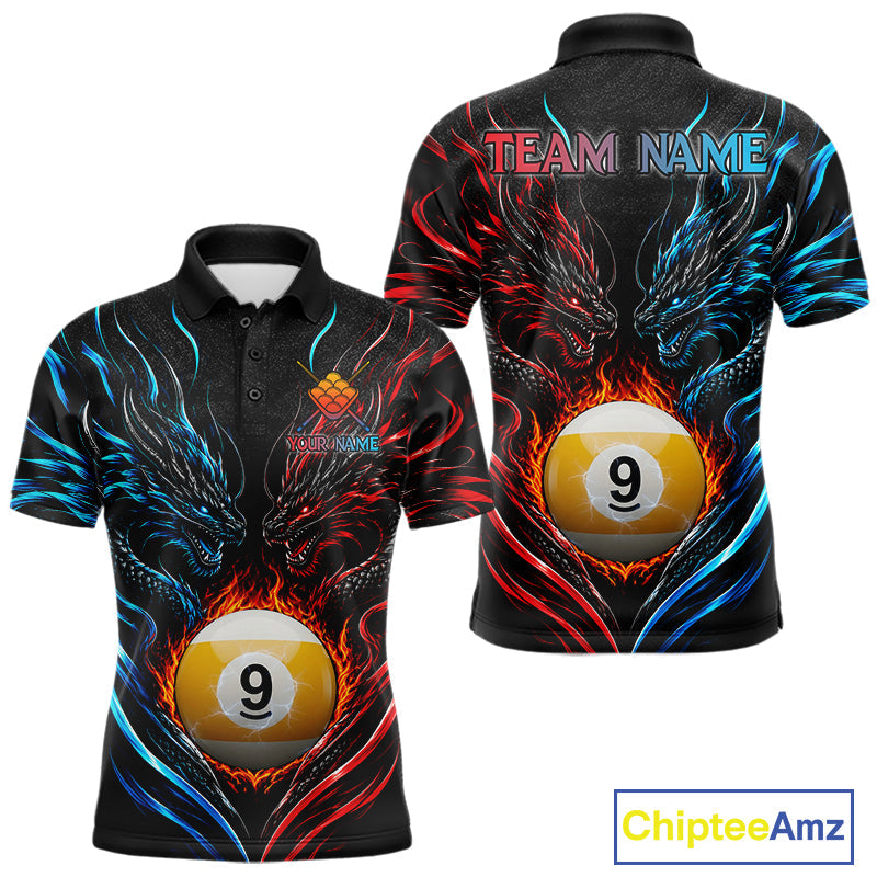 Blue And Red Custom Dragon 9 Ball Fire Billiard Shirts, Pool Team Jersey Polo & 1/4 Zip