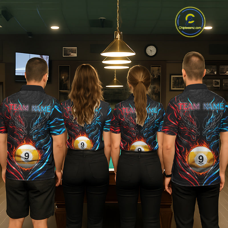 Blue And Red Custom Dragon 9 Ball Fire Billiard Shirts, Pool Team Jersey Polo & 1/4 Zip