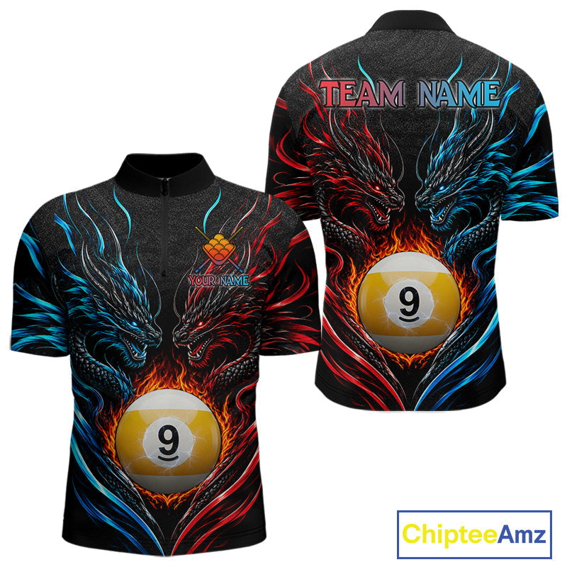 Blue And Red Custom Dragon 9 Ball Fire Billiard Shirts, Pool Team Jersey Polo & 1/4 Zip