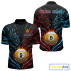 Blue And Red Custom Dragon 9 Ball Fire Billiard Shirts, Pool Team Jersey Polo & 1/4 Zip