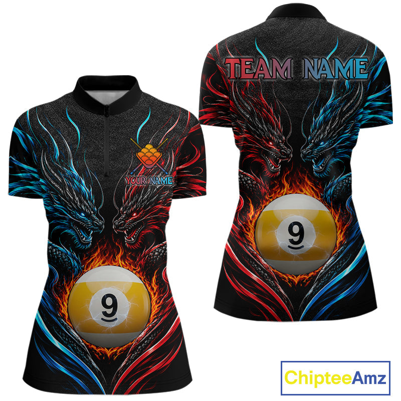 Blue And Red Custom Dragon 9 Ball Fire Billiard Shirts, Pool Team Jersey Polo & 1/4 Zip