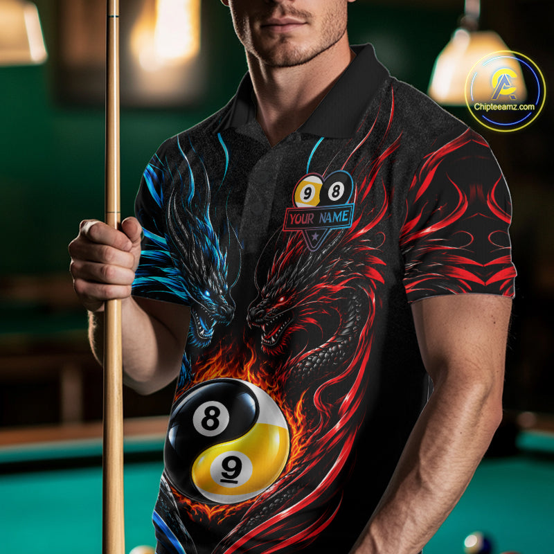 Blue And Red Custom Dragon Yin-Yang Fire Billiard Shirts, 9 Ball & 8 Ball Pool Team Jersey