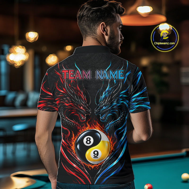Blue And Red Custom Dragon Yin-Yang Fire Billiard Shirts, 9 Ball & 8 Ball Pool Team Jersey