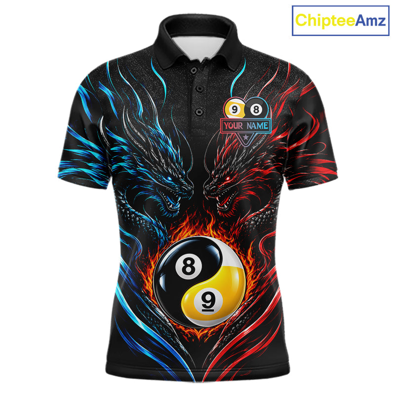 Blue And Red Custom Dragon Yin-Yang Fire Billiard Shirts, 9 Ball & 8 Ball Pool Team Jersey