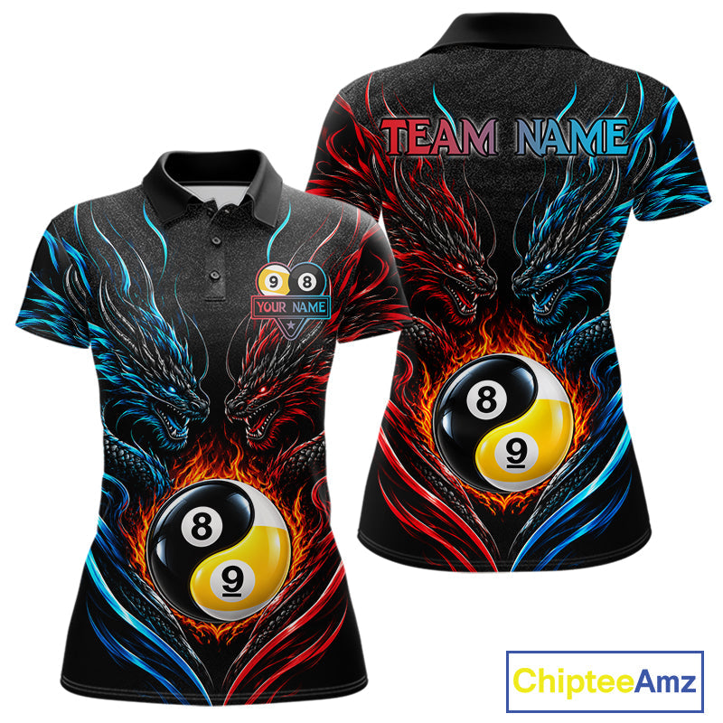 Blue And Red Custom Dragon Yin-Yang Fire Billiard Shirts, 9 Ball & 8 Ball Pool Team Jersey