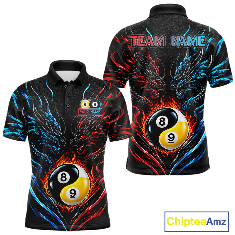 Blue And Red Custom Dragon Yin-Yang Fire Billiard Shirts, 9 Ball & 8 Ball Pool Team Jersey