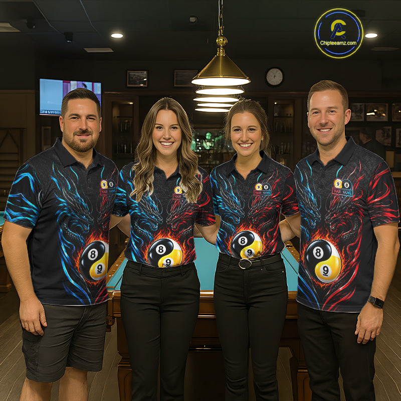 Blue And Red Custom Dragon Yin-Yang Fire Billiard Shirts, 9 Ball & 8 Ball Pool Team Jersey
