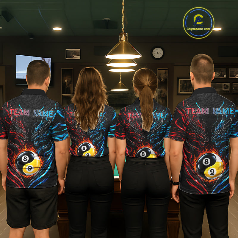 Blue And Red Custom Dragon Yin-Yang Fire Billiard Shirts, 9 Ball & 8 Ball Pool Team Jersey