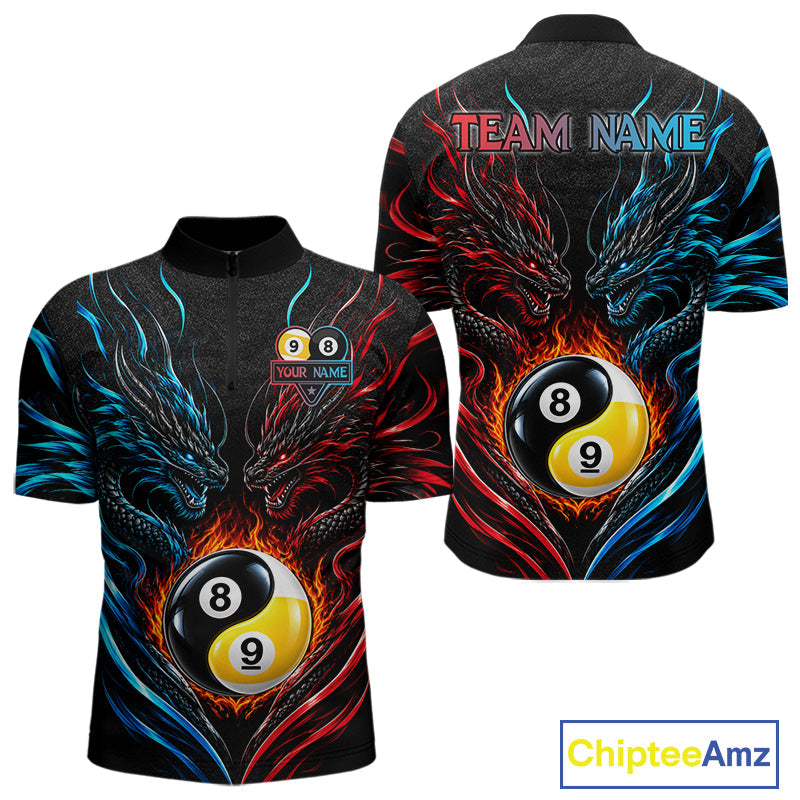 Blue And Red Custom Dragon Yin-Yang Fire Billiard Shirts, 9 Ball & 8 Ball Pool Team Jersey
