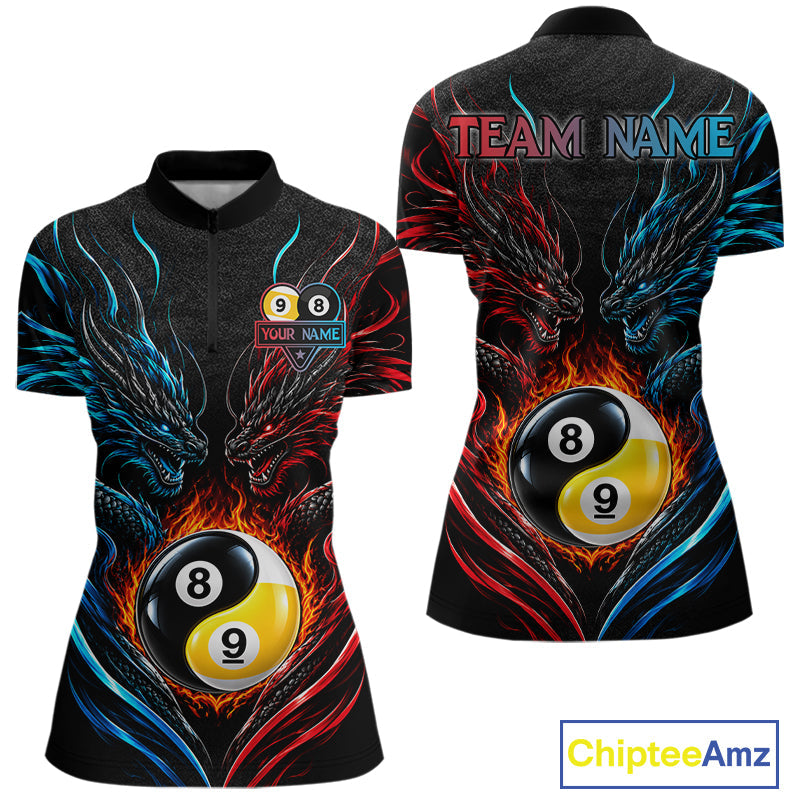 Blue And Red Custom Dragon Yin-Yang Fire Billiard Shirts, 9 Ball & 8 Ball Pool Team Jersey