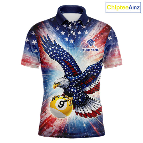 Custom 9 Ball American Flag Eagle Billiard Shirt, Patriotic Pool Team Jersey Polo, 1/4 Zip